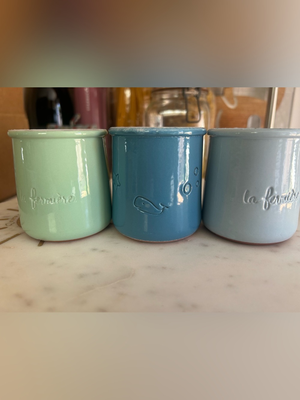 La Fermière Ceramic Yogurt Jars in blue colors.